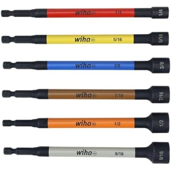 Wiha 70486 Magnetic Nut Setter Set, 6 Piece SAE, Color Coded, 1/4-Inch Hex