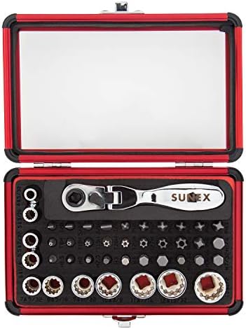 SUNEX TOOLS 9732 44Pc 1/4" Dr Mini Dual Flex Head RATCHET W Socket & Bit Set